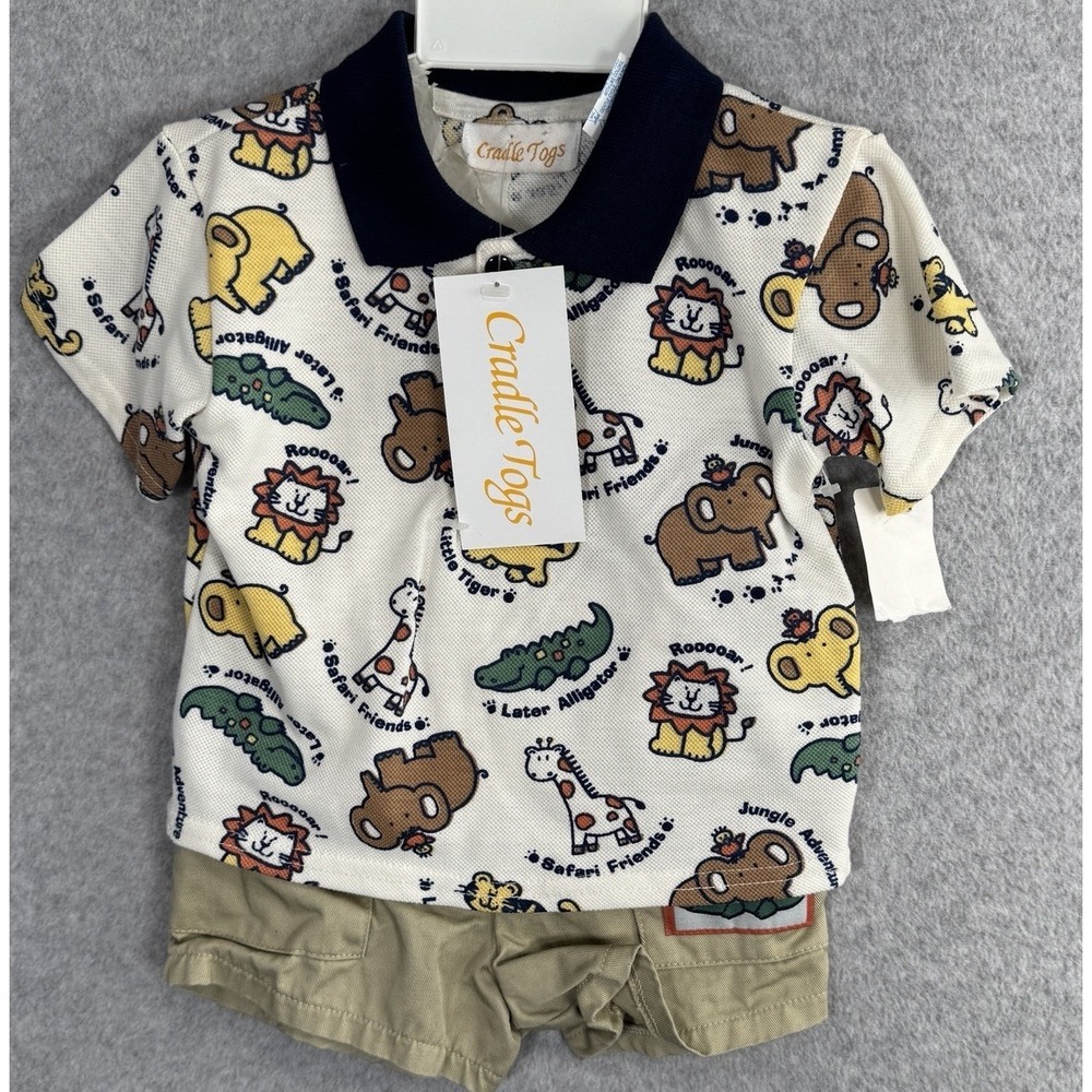 Vintage Cradle Togs Baby Outfit Safari‎ Animal Polo Shirt & Shorts Set 12M NWT
